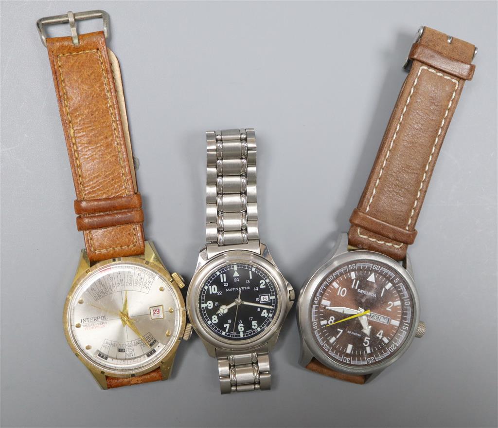 Three assorted wrist watches including Interpol, Sekonda and Mappin & Webb.